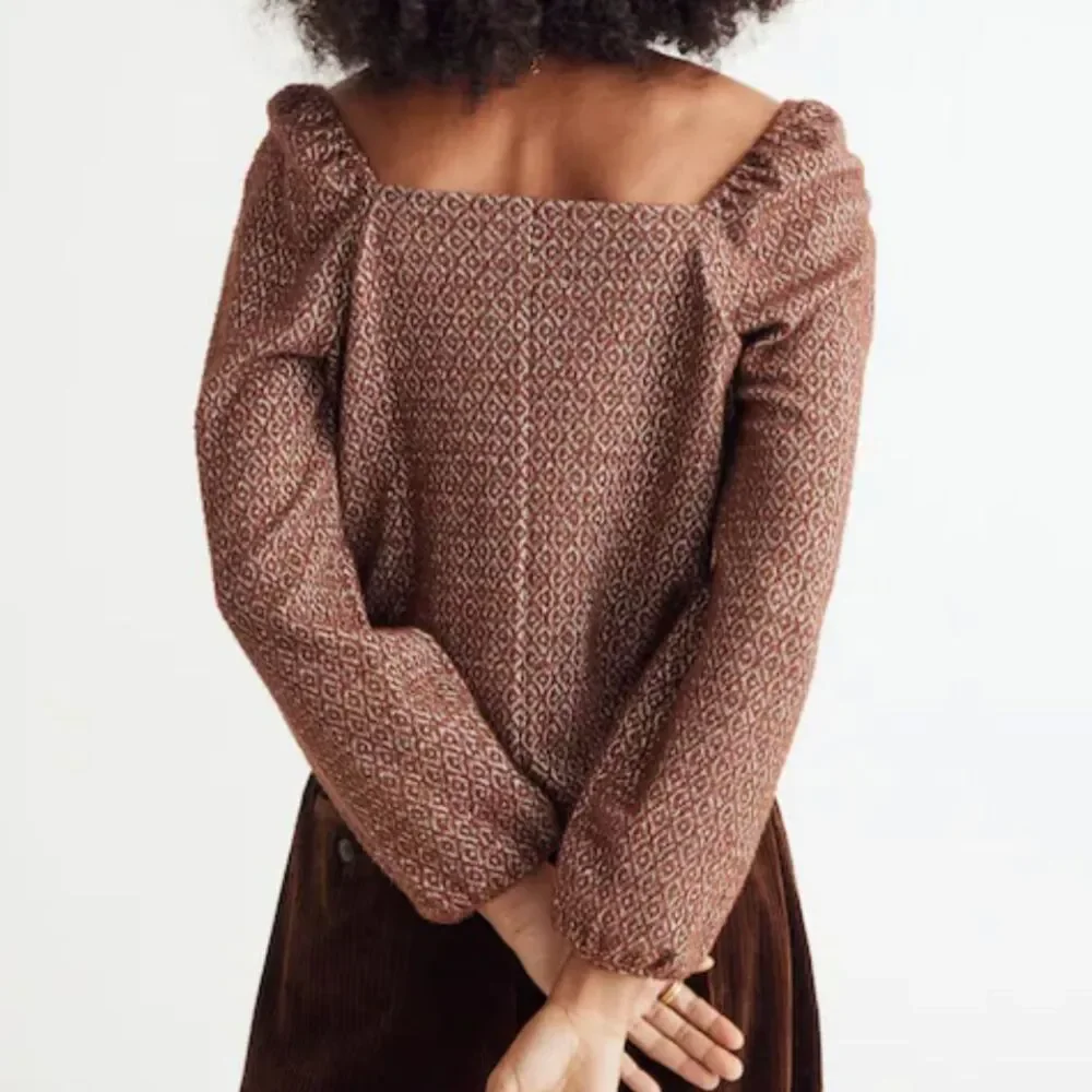 Madewell Jacquard Puff Sleeve Crop Top Square Neck Blouse Dark Merlot Rust sz XS